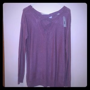 Mauve over-sized sweater w/criss-cross neck detail